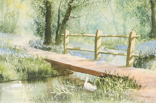 Lot 163 - Terry Harrison, Bluebells by a stream with...