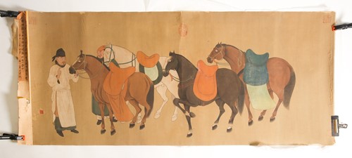 Lot 147 - A Chinese Ming style scroll painting on silk,...