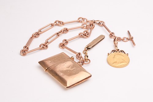 Lot 349 - A 9ct rose gold watch chain, suspending a...
