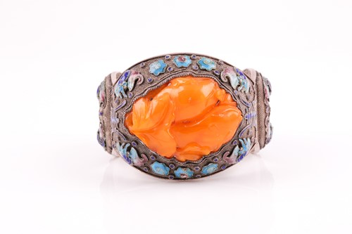 Lot 76 - A white metal, amber, and enamel bracelet,...