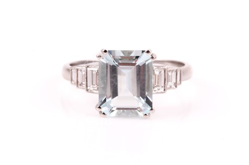Lot 266 - A platinum, diamond, and aquamarine ring, set...