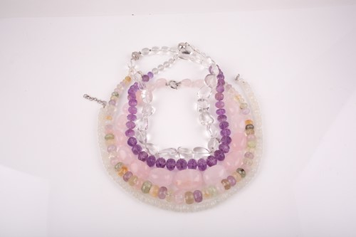 Lot 58 - A chunky rose quartz beaded necklace, together...