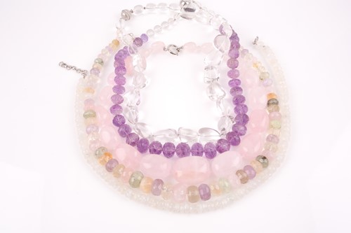 Lot 58 - A chunky rose quartz beaded necklace, together...