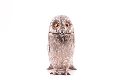 Lot 529 - A Victorian owl mustard pot; London 1882, by...