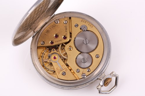 Lot 636 - An Omega stainless steel pocket watch, the...