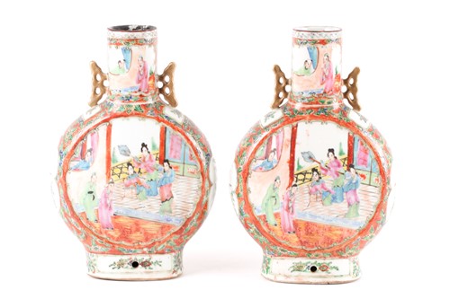 Lot 89 - A pair of canton enamel porcelain moon flasks,...