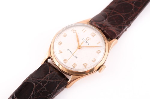 Lot 523 - A gents yellow metal Cyma watch, the round...