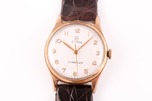 Lot 523 - A gents yellow metal Cyma watch, the round...