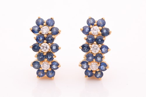 Lot 341 - A pair of yellow metal and sapphire earrings,...