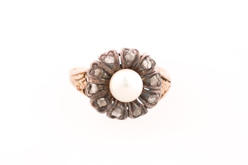 Lot 244 - A cultured pearl and rose diamond cluster ring;...