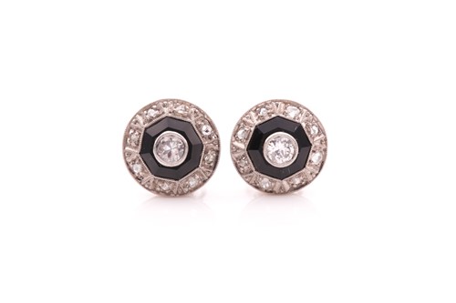 Lot 227 - A pair of diamond and black onyx earrings,...
