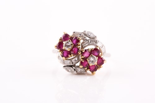 Lot 155 - A ruby and diamond floral crossover ring, set...