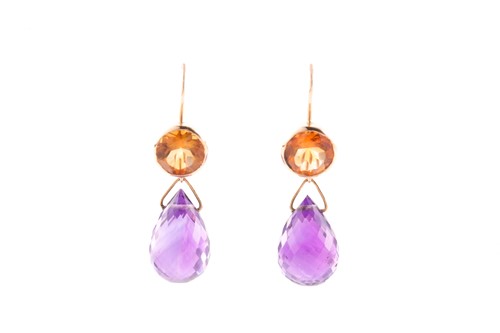Lot 116 - A pair of amethyst and citrine pendant...