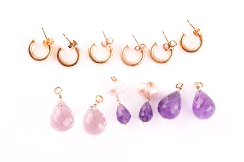 Lot 30 - Three pairs of stone set pendant hoop earrings,...