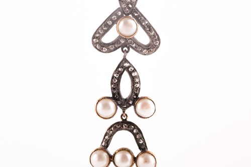 Lot 20 - A pair of diamond and pearl drop pendant...