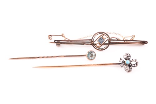 Lot 201 - A diamond and turquoise tie-pin with...