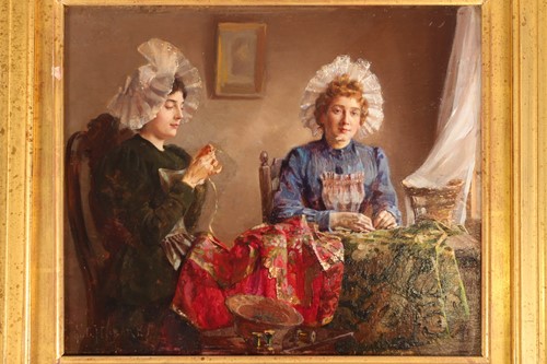 Lot 23 - Claude Hugard (French, b 1861), ladies sewing,...