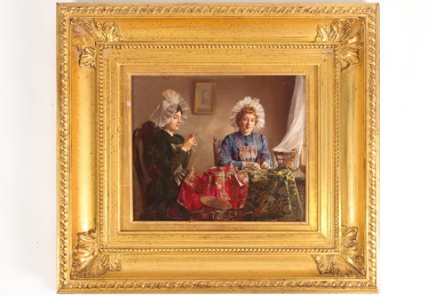 Lot 23 - Claude Hugard (French, b 1861), ladies sewing,...