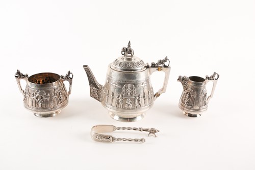 Lot 378 - An Indian white metal three-piece tea set,...