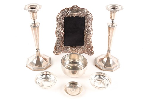 Lot 525 - Two matching silver table candlesticks,...