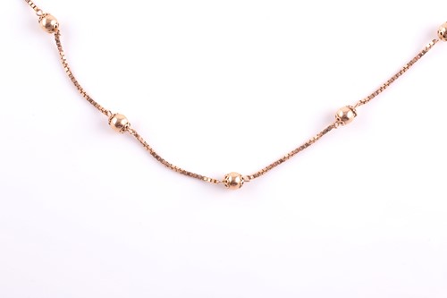 Lot 112 - A 9ct rose gold box-link and orb bead chain,...