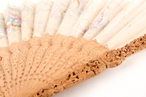 Lot 145 - A Chinese sandalwood and embroidered silk fan,...