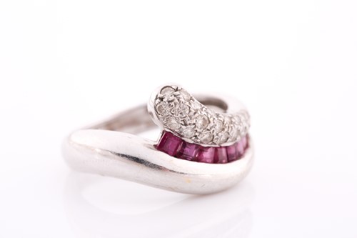 Lot 119 - An 18ct white gold, diamond, and ruby ring, of...