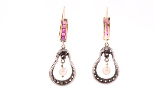Lot 173 - A pair of yellow metal, diamond, and ruby drop...