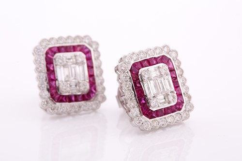 Lot 287 - A pair of diamond and ruby earrings, the...