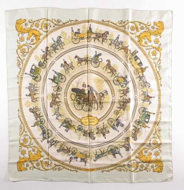 Lot 333 - A Hermes silk square scarf printed with La...