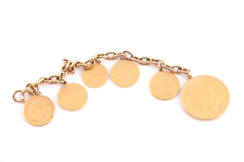 Lot 74 - A yellow metal bracelet, suspended with six...