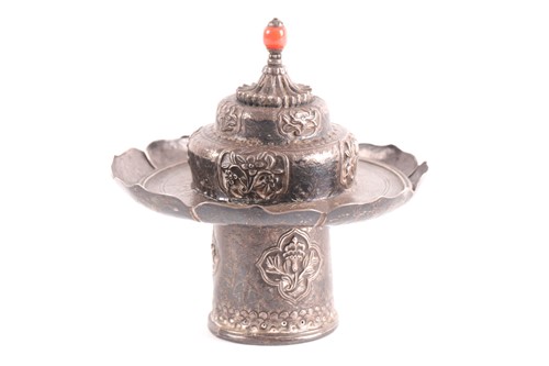 Lot 279 - A Sino Tibetan silver metal cup stand and...