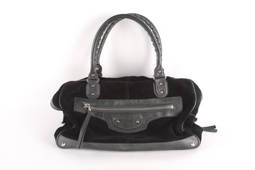 Lot 492 - A Balenciaga black suede handbag with zipped...