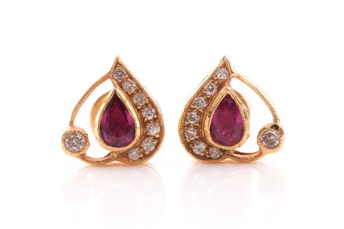 Lot 17 - A pair of 18ct gold, ruby and diamond earrings;...