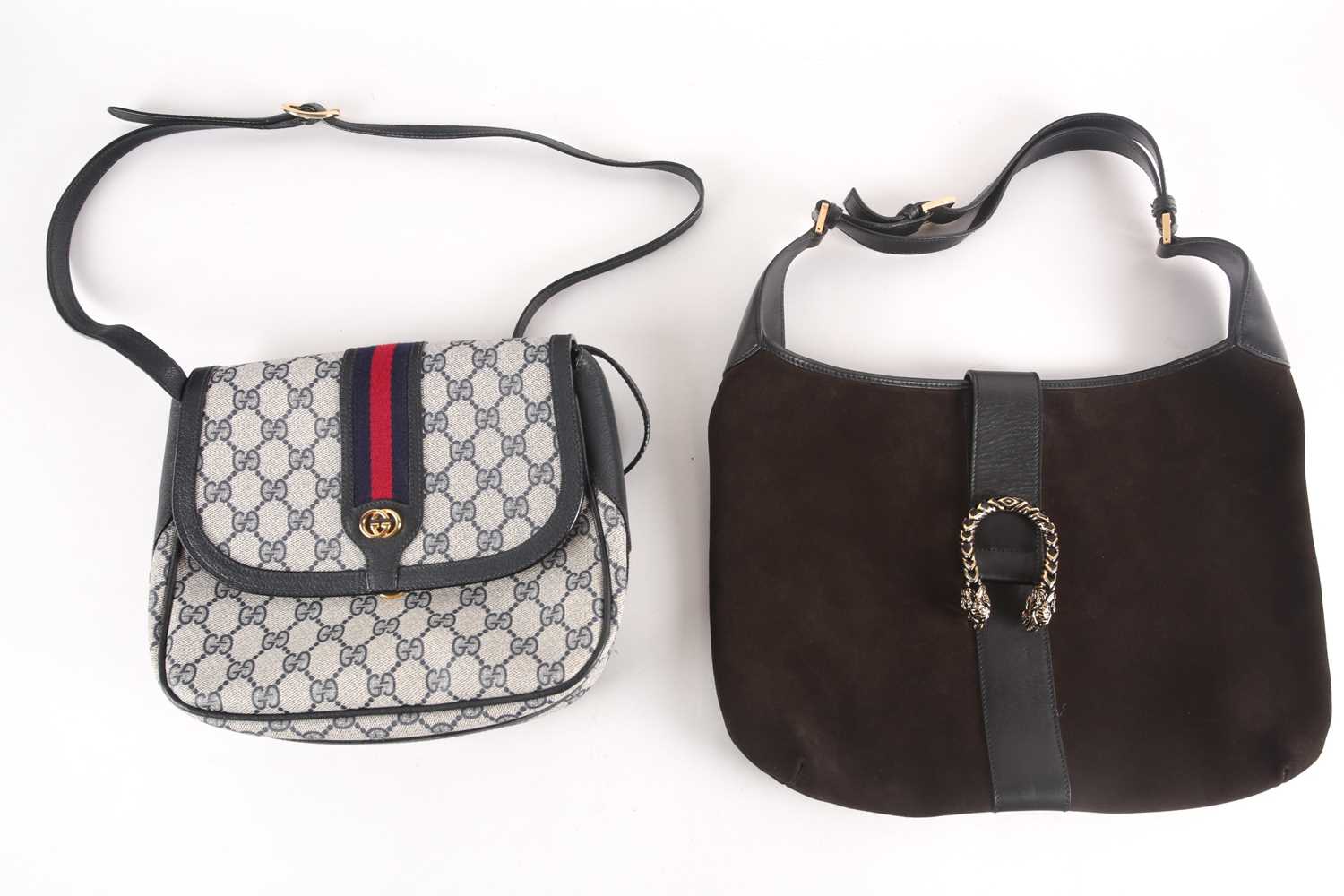 Sold at Auction: Gucci Black Suede Monogram Shoulder Bag