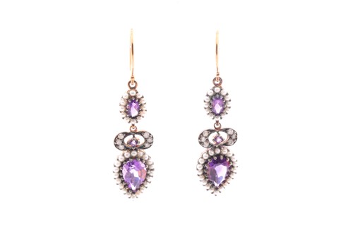 Lot 131 - A pair of amethyst, diamond and pearl pendant...
