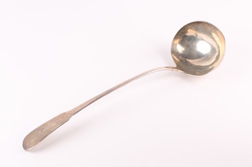 Lot 335 - A George III fiddle pattern silver soup ladle,...