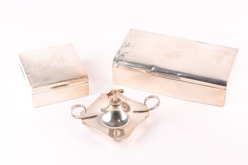 Lot 305 - A 1920s silver squat two handle oil lamp form...