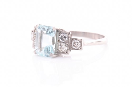 Lot 26 - A platinum, diamond, and aquamarine ring, set...