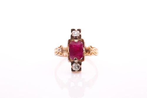 Lot 172 - A Victorian ruby and diamond three stone ring;...