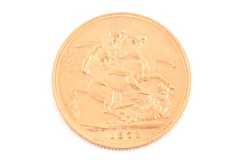 Lot 259 - A Victorian 1873 (M) young head gold sovereign.