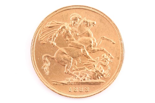 Lot 249 - A Victorian 1883 (M) young head gold sovereign.
