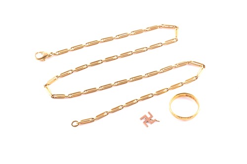 Lot 170 - A yellow metal fancy-link necklace, 41 cm long,...