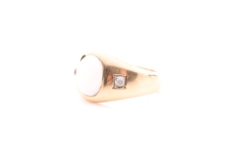Lot 110 - An 18ct yellow gold, opal, and diamond ring,...