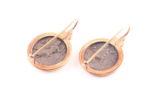 Lot 186 - A pair of yellow metal and coin earrings, set...
