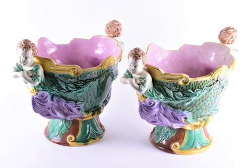 Lot 274 - A pair of large and impressive majolica wine...