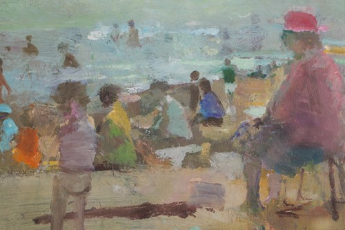 Lot 34 - Fred Cuming RA (b.1930), 'Figures on a Beach',...