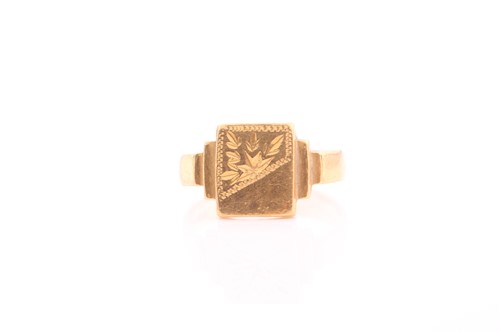 Lot 196 - A yellow metal signet ring, the rectangular...