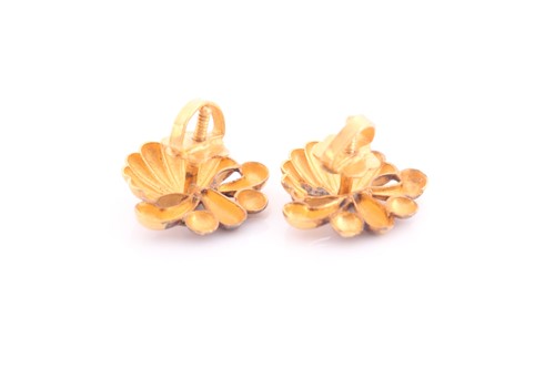 Lot 219 - A pair of yellow metal earrings, of shell...