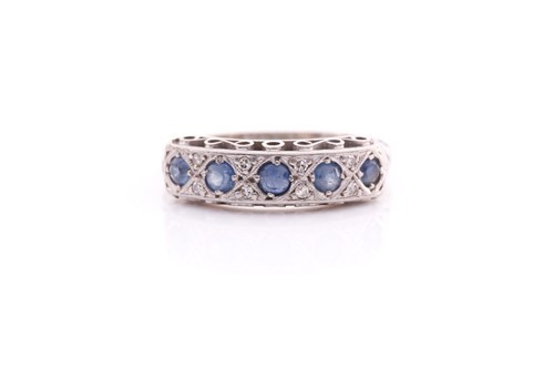 Lot 175 - A sapphire and diamond half hoop ring, the...